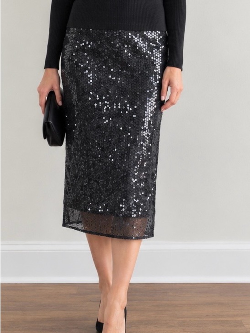 H&M Black Sequin Midi Skirt